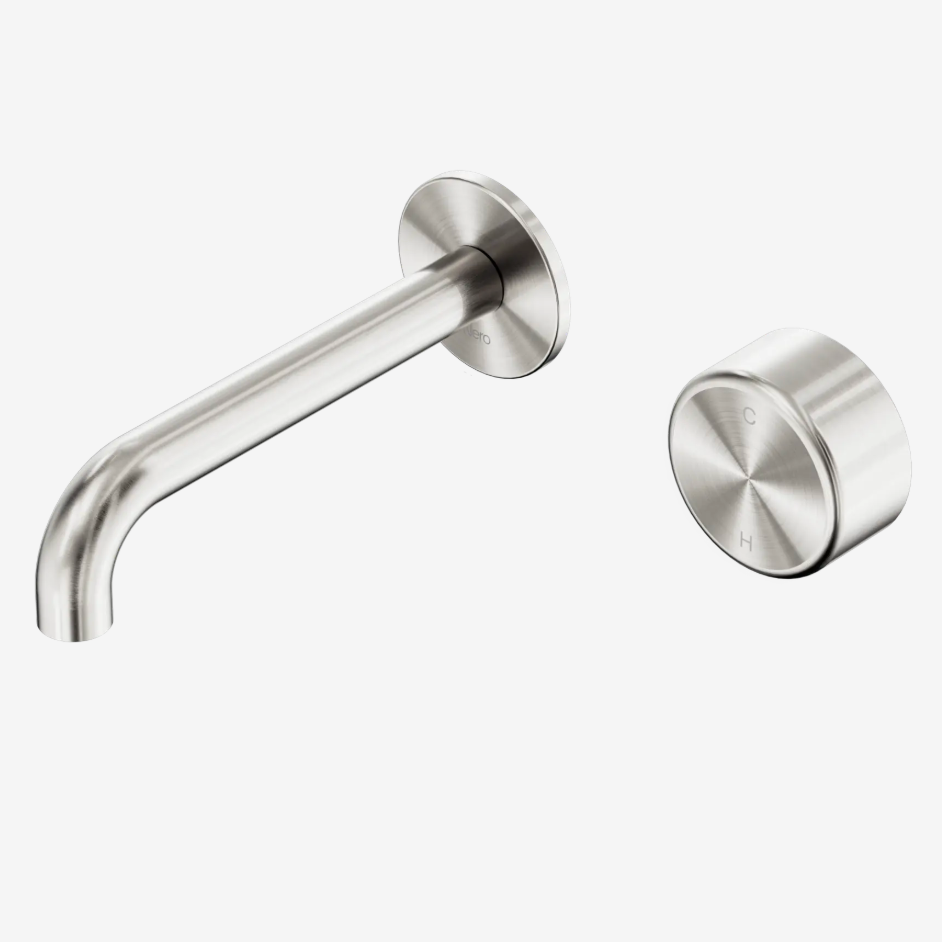 A modern wall-mounted progressive basin mixer  set with a curved spout and a separate round control knob, both in a brushed stainless steel finish.