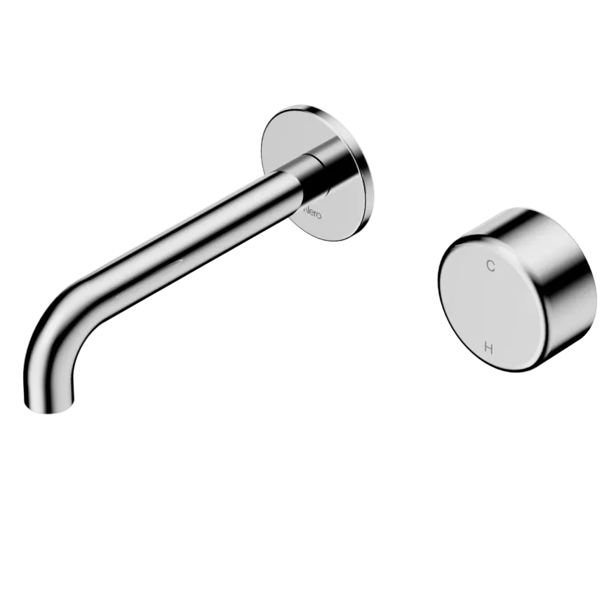 A modern wall-mounted bathroom spout set  and a separate round progressive water  mixer control tap, both finished in polished chrome.