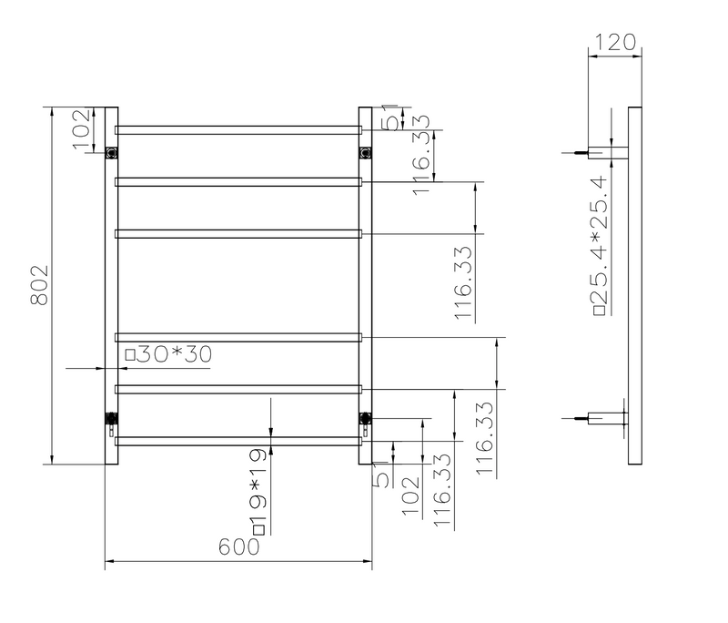 Linsol Spirit Square 6 Bar Heated Towel Rail Matte Black 800x600mm