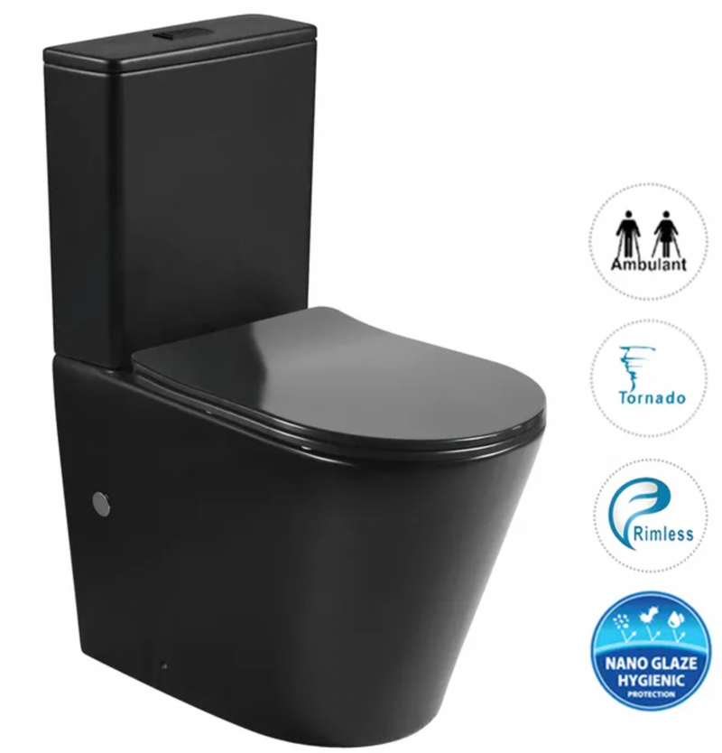 Inspire Radiant Matte Black Tornado Flush Rimless Back to Wall Toilet Suite