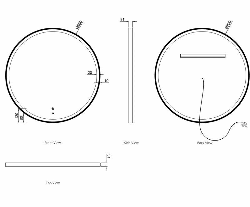 Otti Bondi LED Matte Black Metal Frame  Mirror 800mm