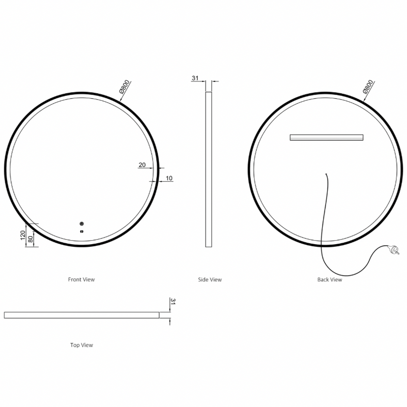 Otti Bondi LED Matte Black Metal Frame  Mirror 800mm