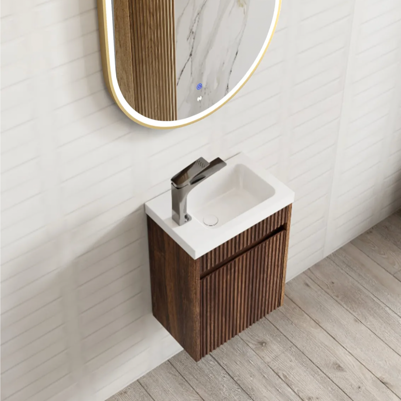 Otti Compact Ensuite Fluted Walnut Wall Hung Vanity 400mm