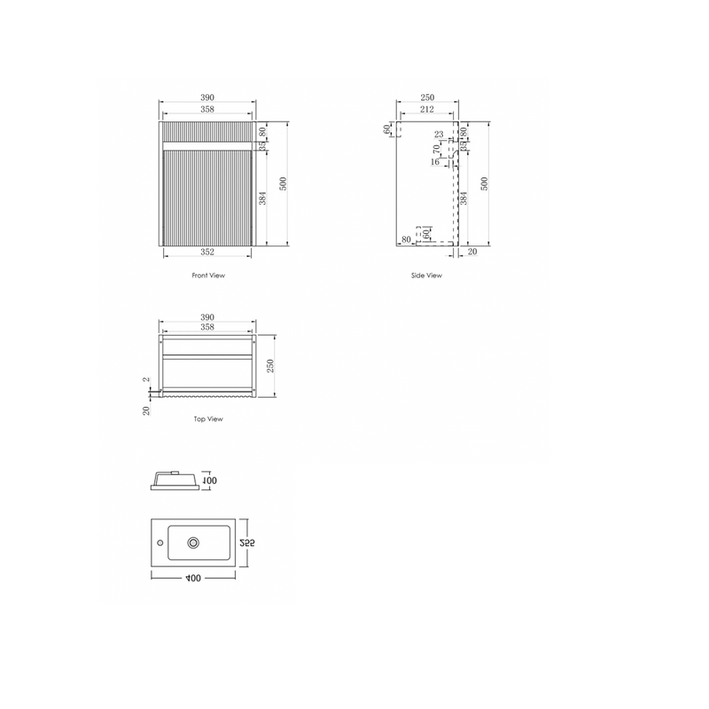 Otti Compact Fluted Matte White Wall Hung  Ensuite Vanity 400mm