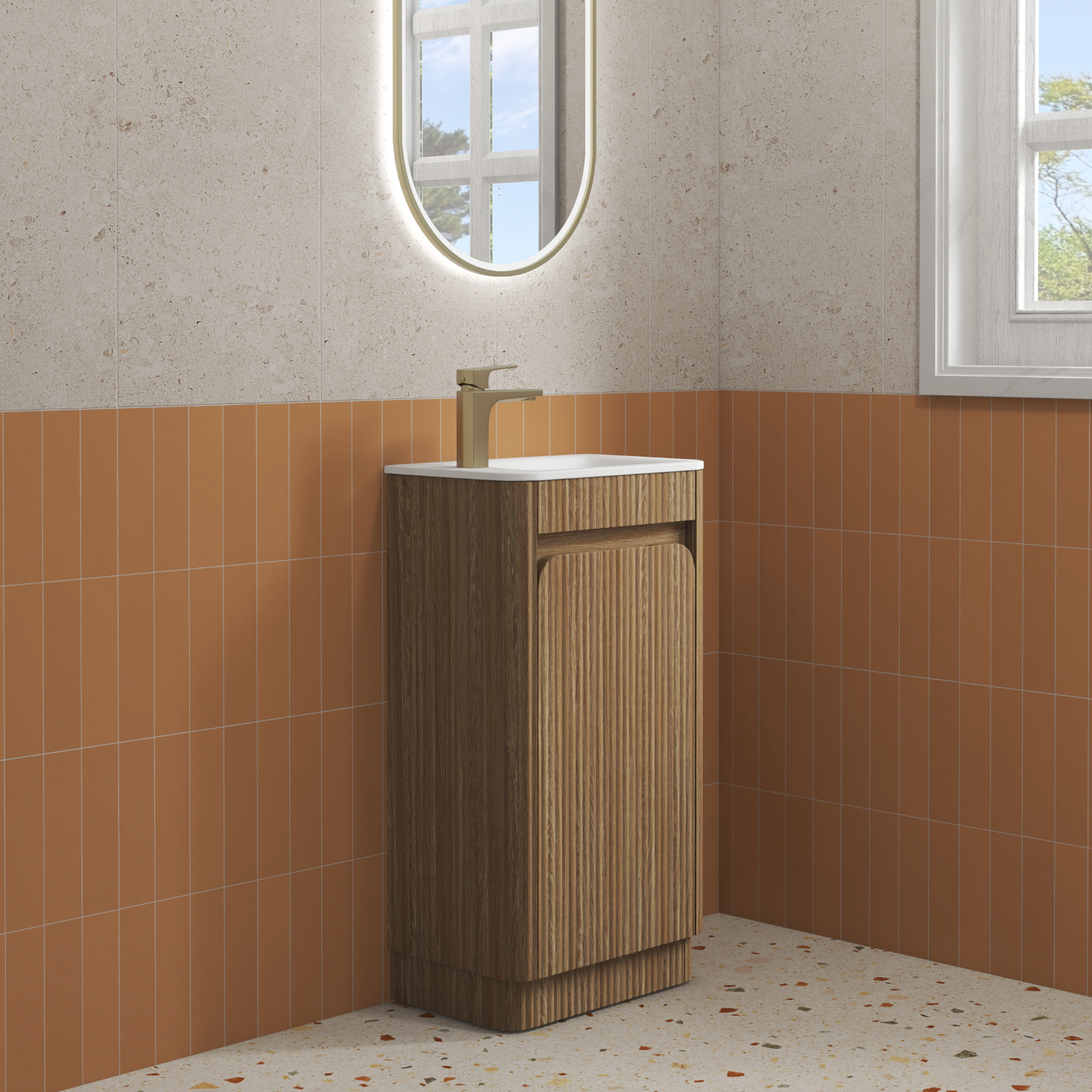 Aulic Mini Hartelle Single  Door Fluted Harvest Oak compact Floor standing Vanity