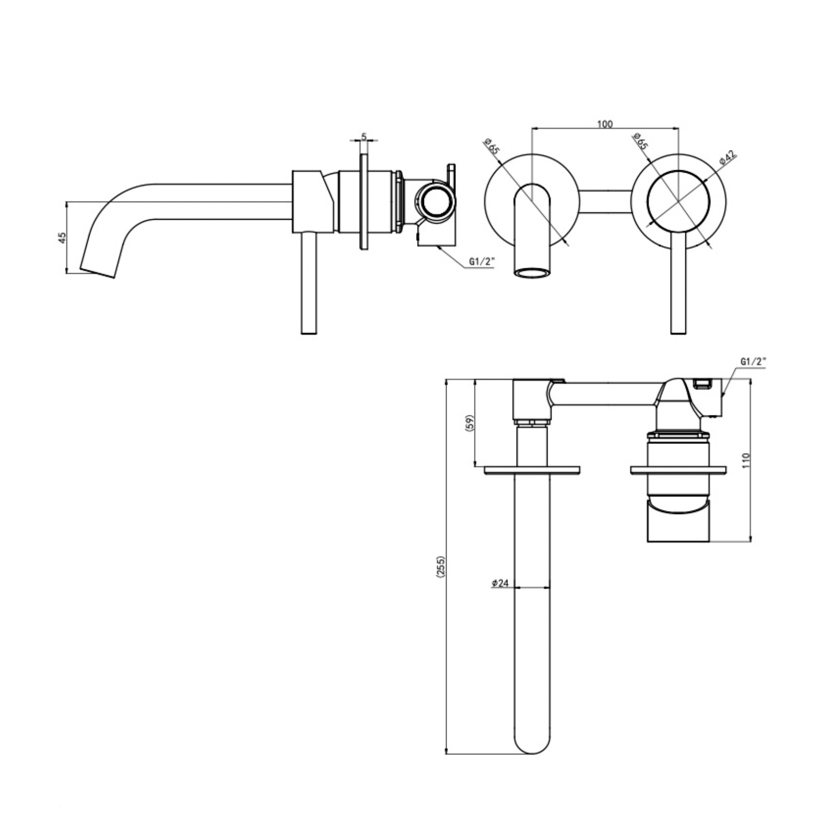 Linsol Gigi S3 Wall Basin/Bath Mixer Set Brushed Brass