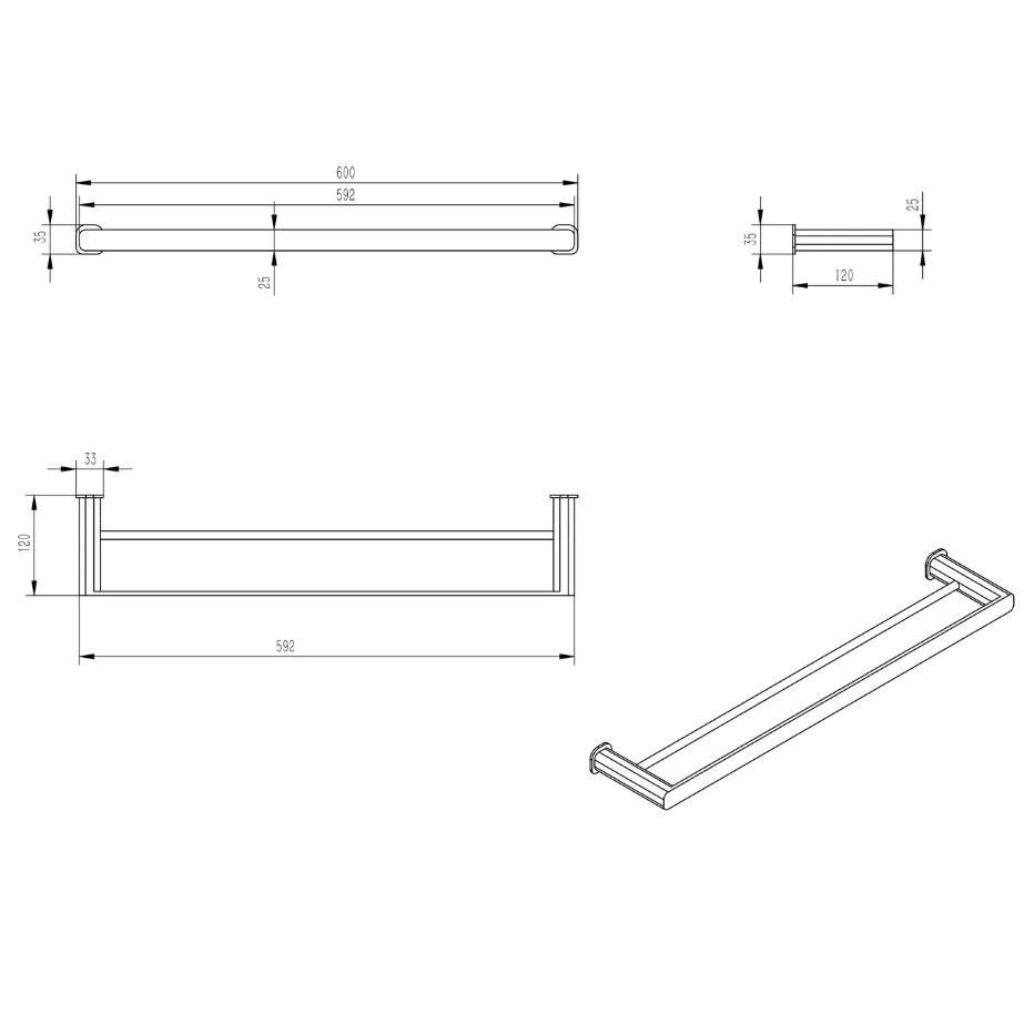 Donii Ella Tora Double Towel Rail Matte Black 600mm
