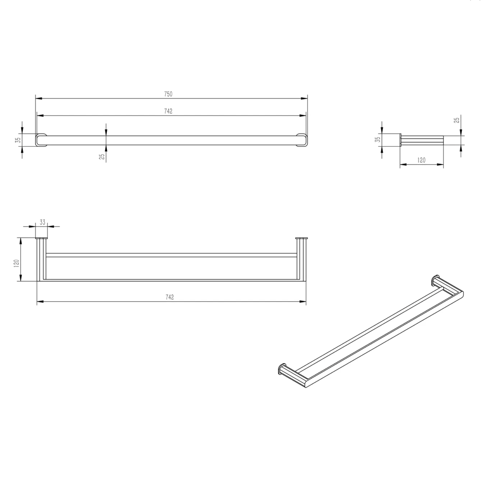 Donii Ella Tora Double Towel Rail Matte Black 600mm