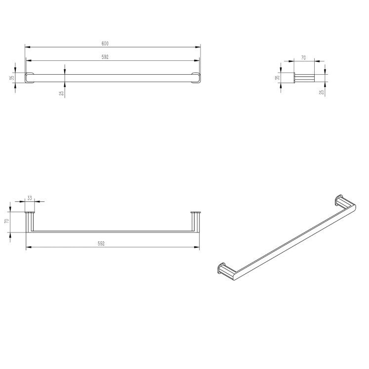 Donii Ella Tora Single Towel Rail Matte Black 600mm