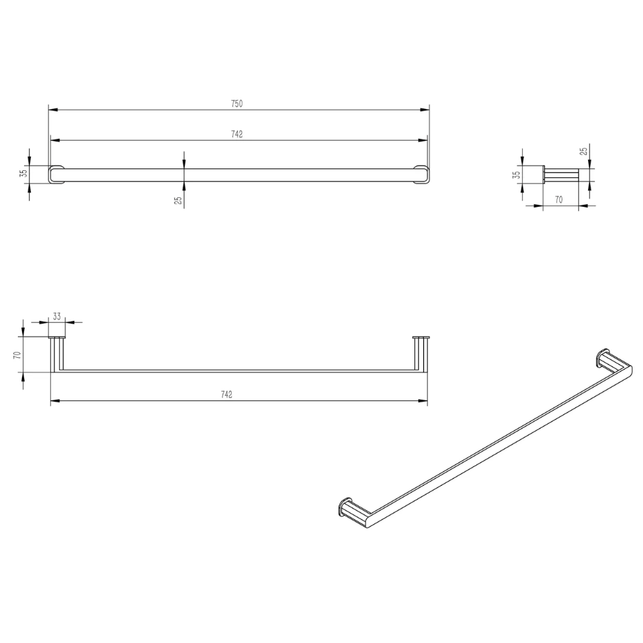 Donii Ella Tora Single Towel Rail Matte Black 600mm
