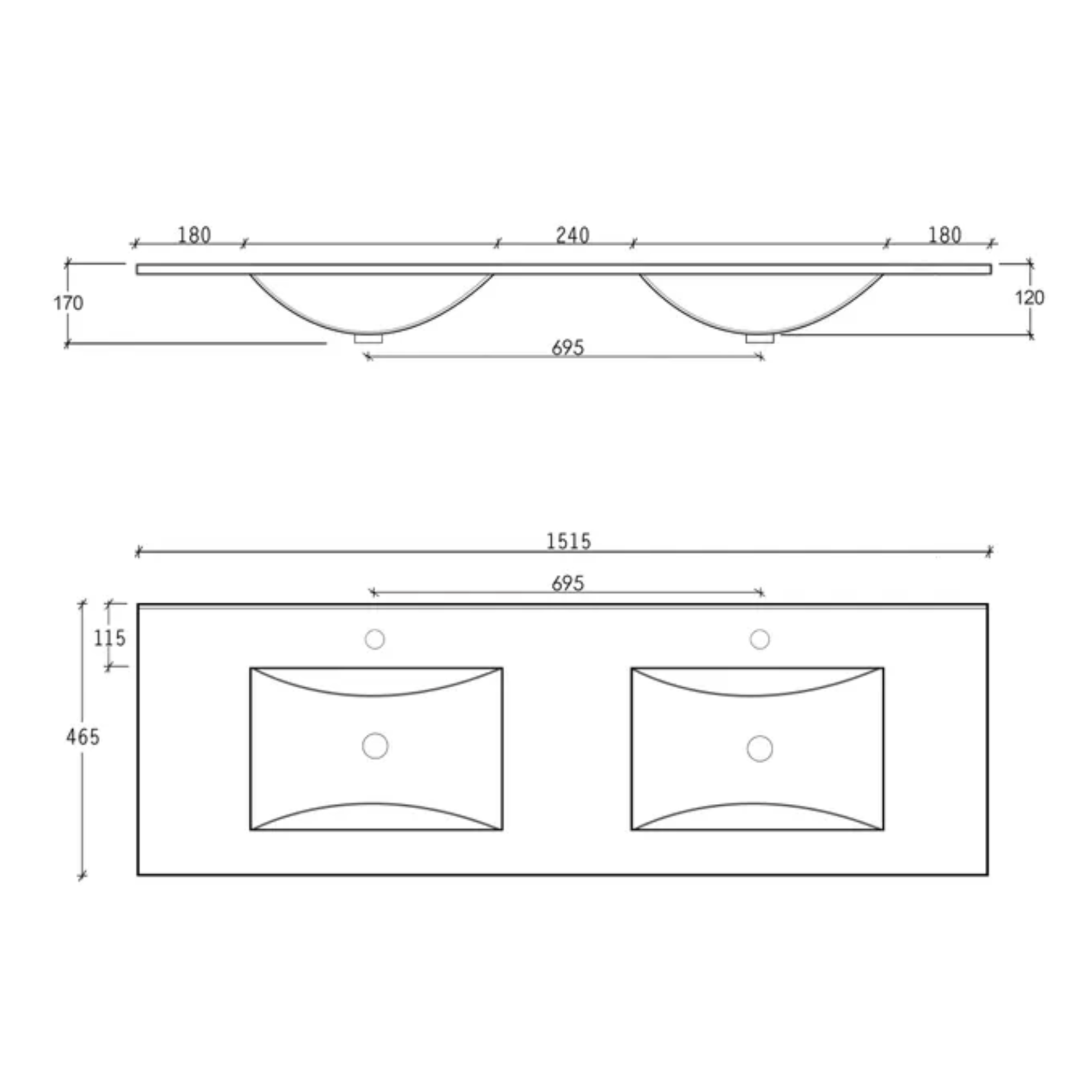 Slimline Ceramic Gloss White Double bowl Vanity Top 1500x460
