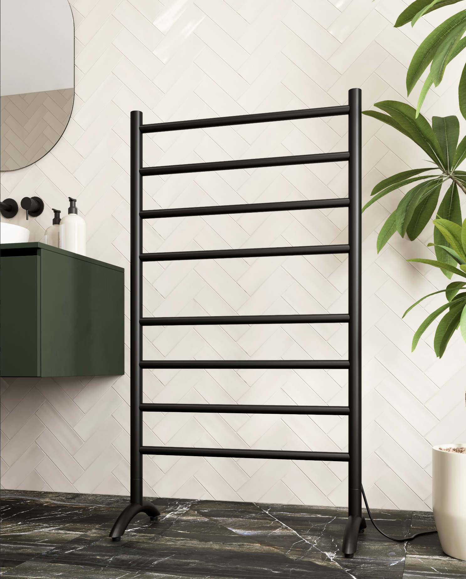Thermogroup 8 Bar Straight Round Thermorail Free-Standing Heated Towel Rail Matte Black 600x1080mm