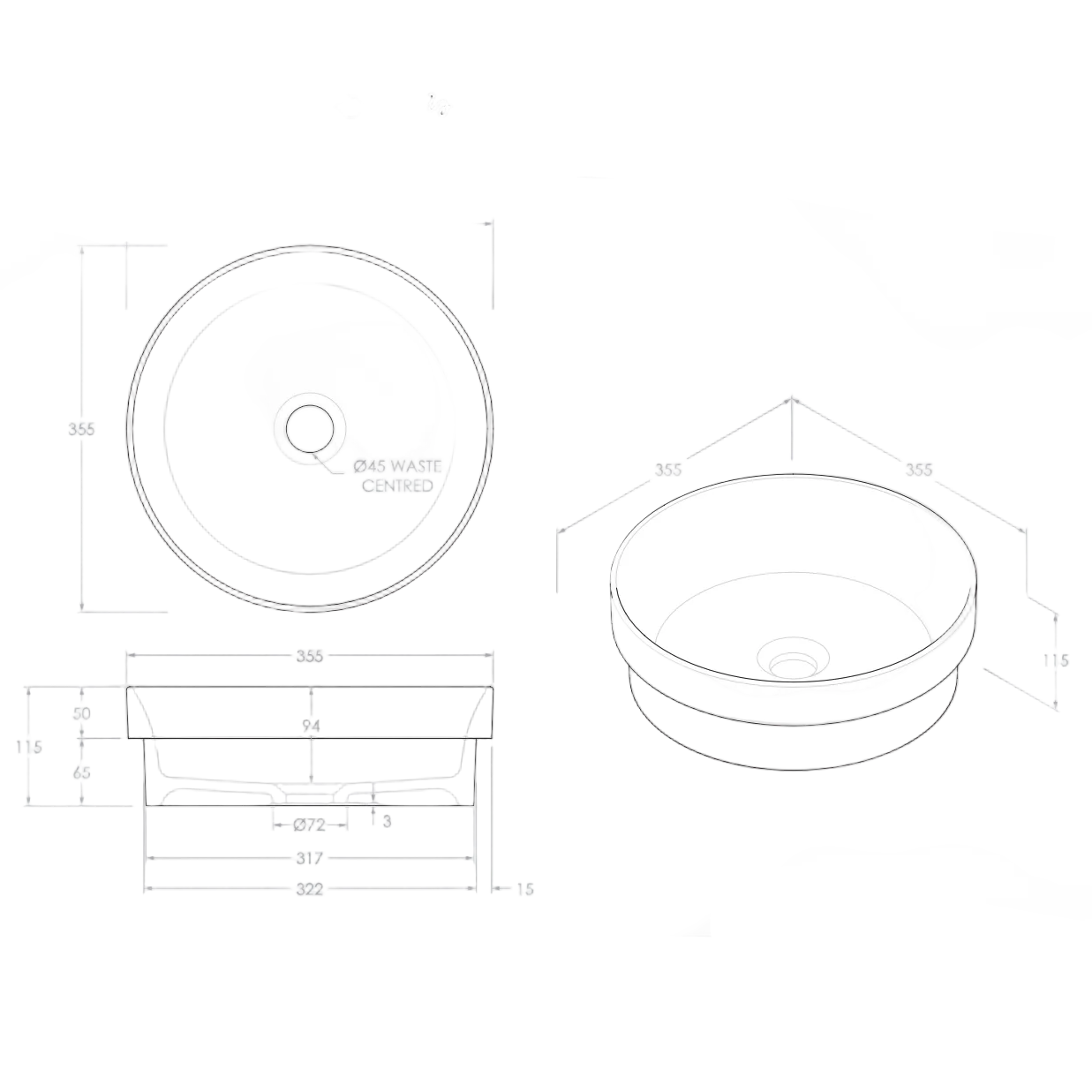 ADP Monica Gloss or Matte White Ceramic Semi-Inset Basin 355x355