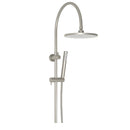 Gooseneck brushed nickel twin shower system, includes over head shower and sleek detachable hand held shower arm.