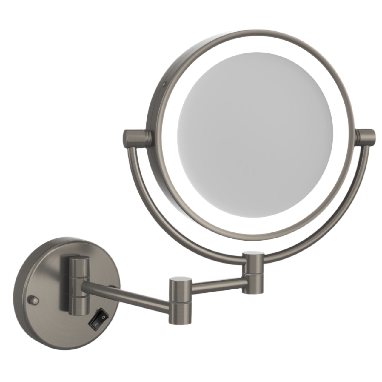 Round magnified makeup or shaving mirror with light brushed nickel 