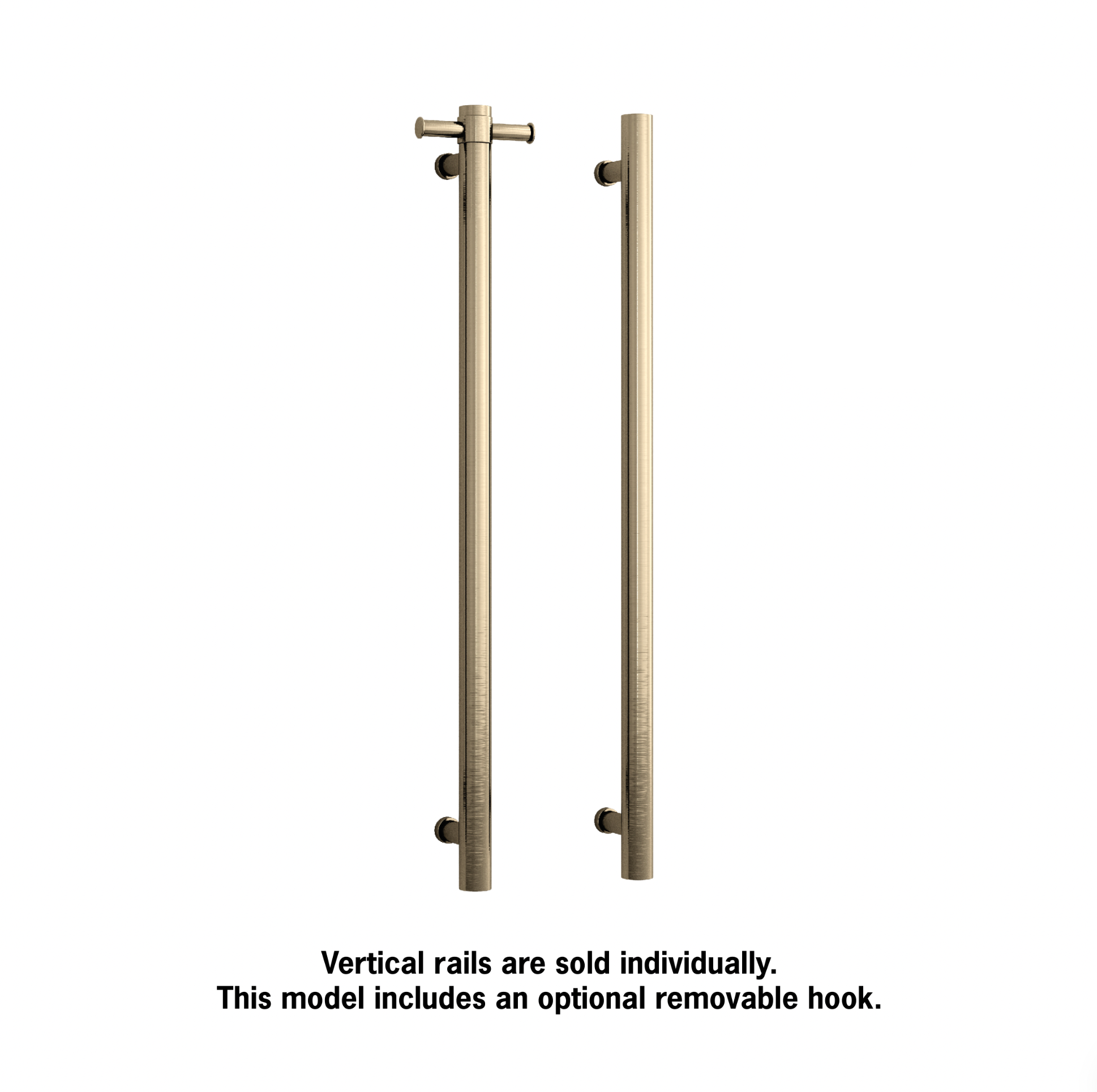 brushed brass vertical heated towel rail with hooks