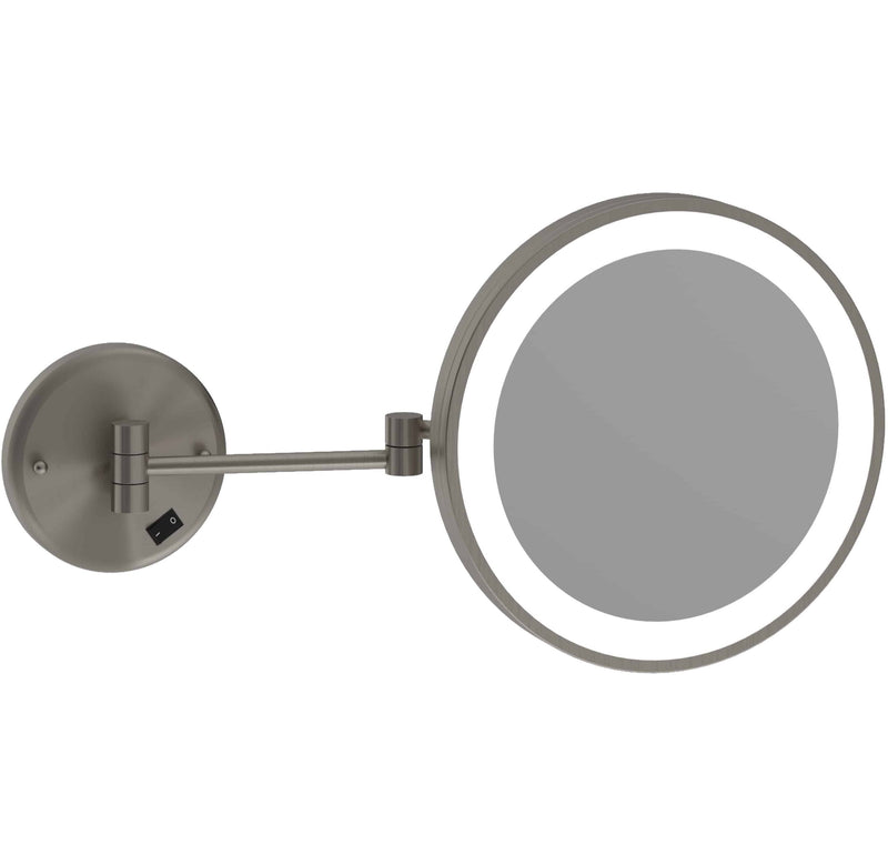 Round magnified makeup or shaving mirror with light brushed nickel