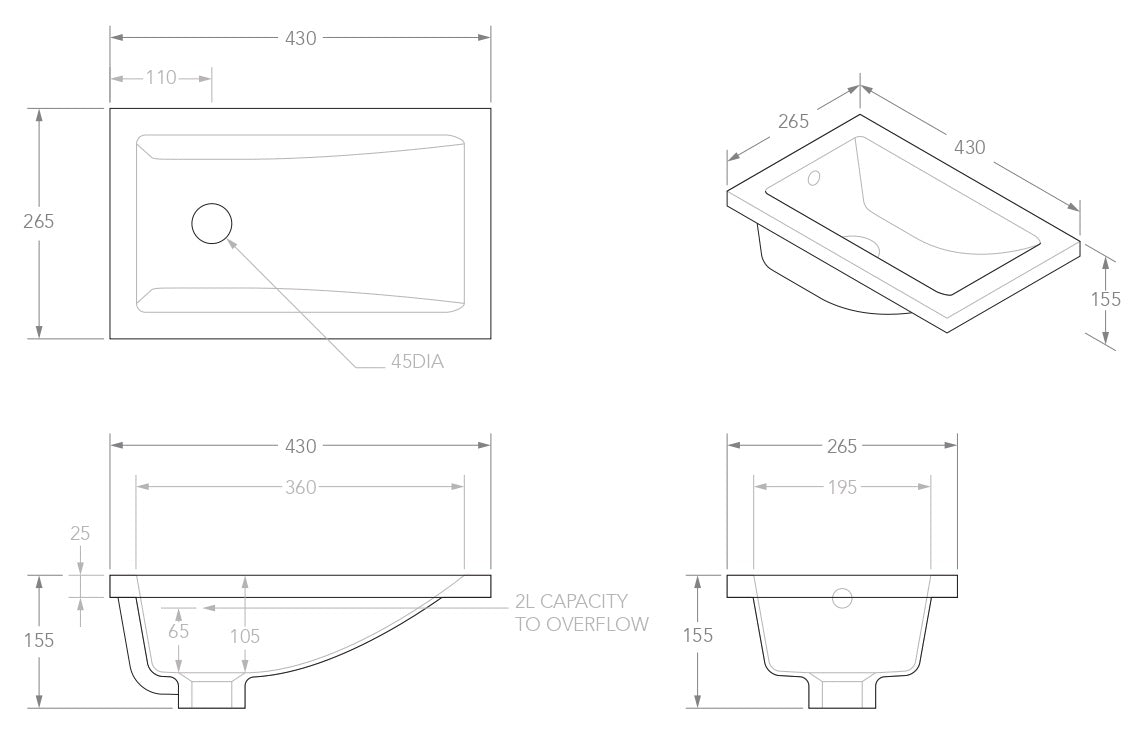 ADP BO Gloss White Ceramic Ensuite Under Counter  Basin 430x260