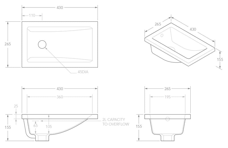 ADP BO Gloss White Ceramic Ensuite Under Counter  Basin 430x260