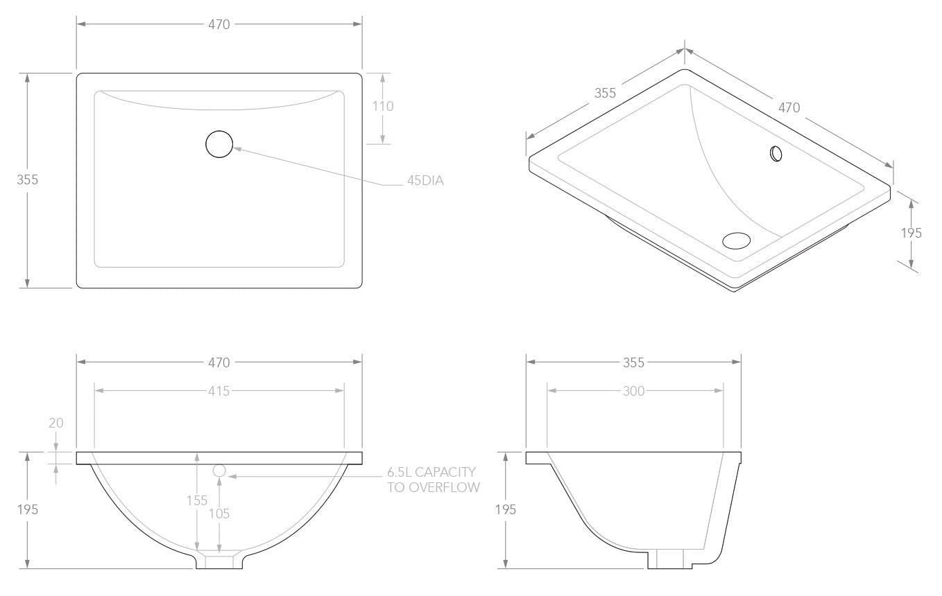 ADP Dish Gloss White Ceramic Under Counter  Basin 465x350