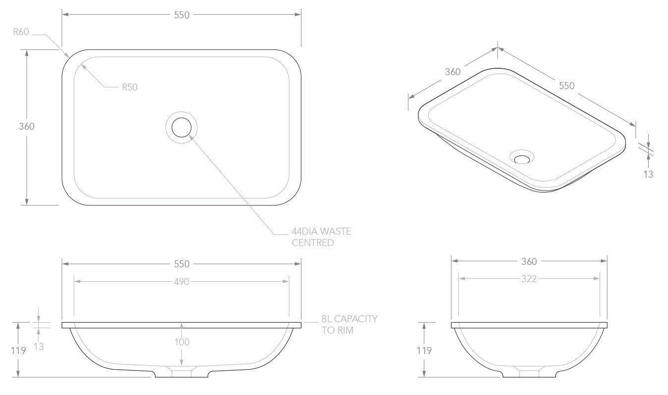 ADP Glory Gloss or Matte White Solid Surface Inset Basin 545x355