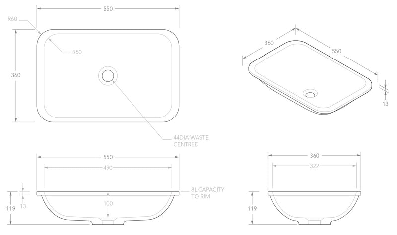 ADP Glory Gloss or Matte White Solid Surface Inset Basin 545x355