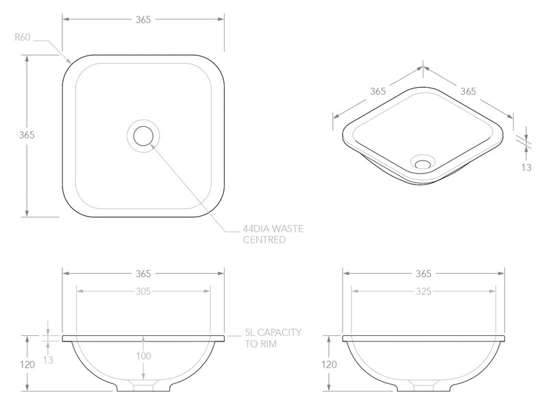 ADP Honour Gloss or Matte White Solid Surface  Under Counter  Basin 365x365