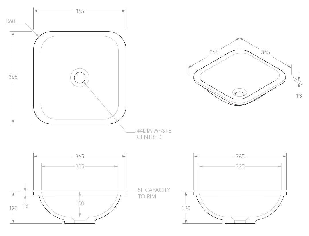 ADP Honour Gloss or Matte White Solid Surface Inset Basin 365x365