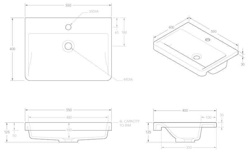 ADP Integrity Gloss or Matte  White Solid surface Semi-Recessed Basin 550x400