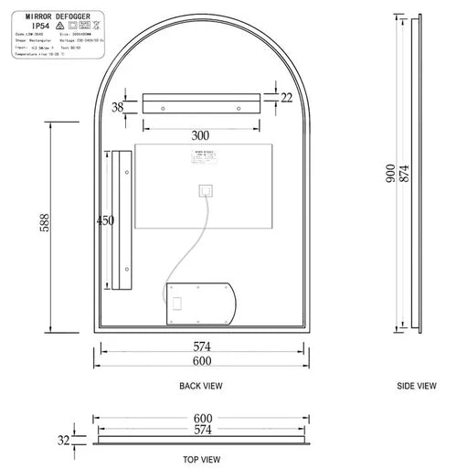 Otti LED Archie Matte Black Metal Frame Mirror 900x600mm