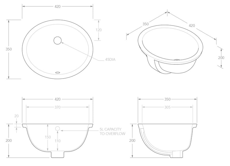 ADP Oval  Gloss White Ceramic Under Counter  Basin 420x350