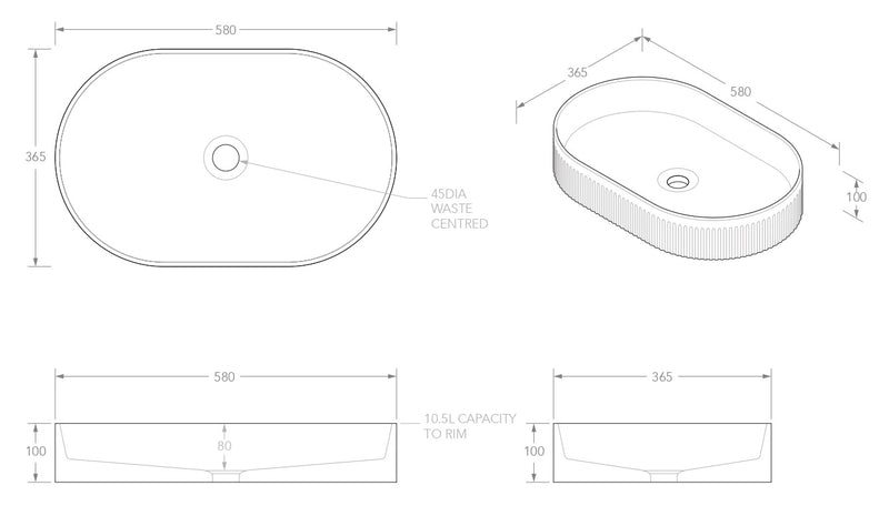 ADP Pill Fluted  580x365 Gloss White  Above Counter  Basin