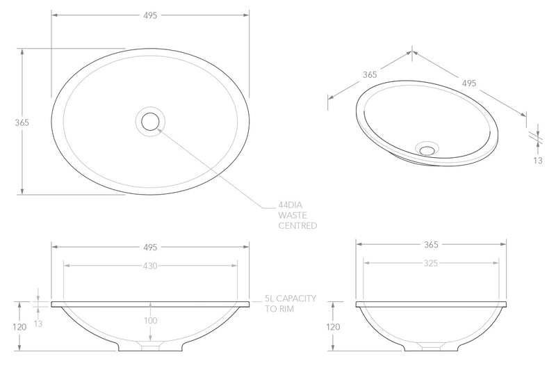 ADP Sincerity Gloss or Matte White Solid Surface Under Counter Basin 495x310