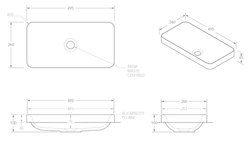 ADP Faith Gloss or Matte White Solid Surface Semi-Inset Basin 500x260