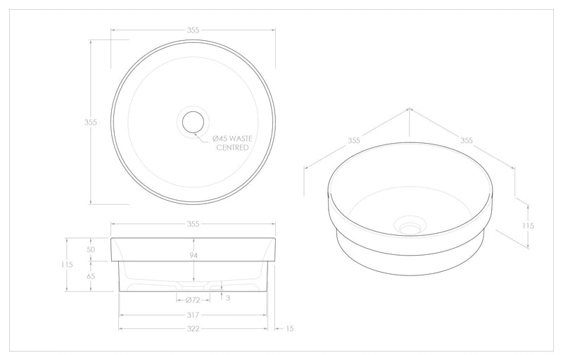 ADP Monica Gloss or Matte White Ceramic Semi-Inset Basin 355x355