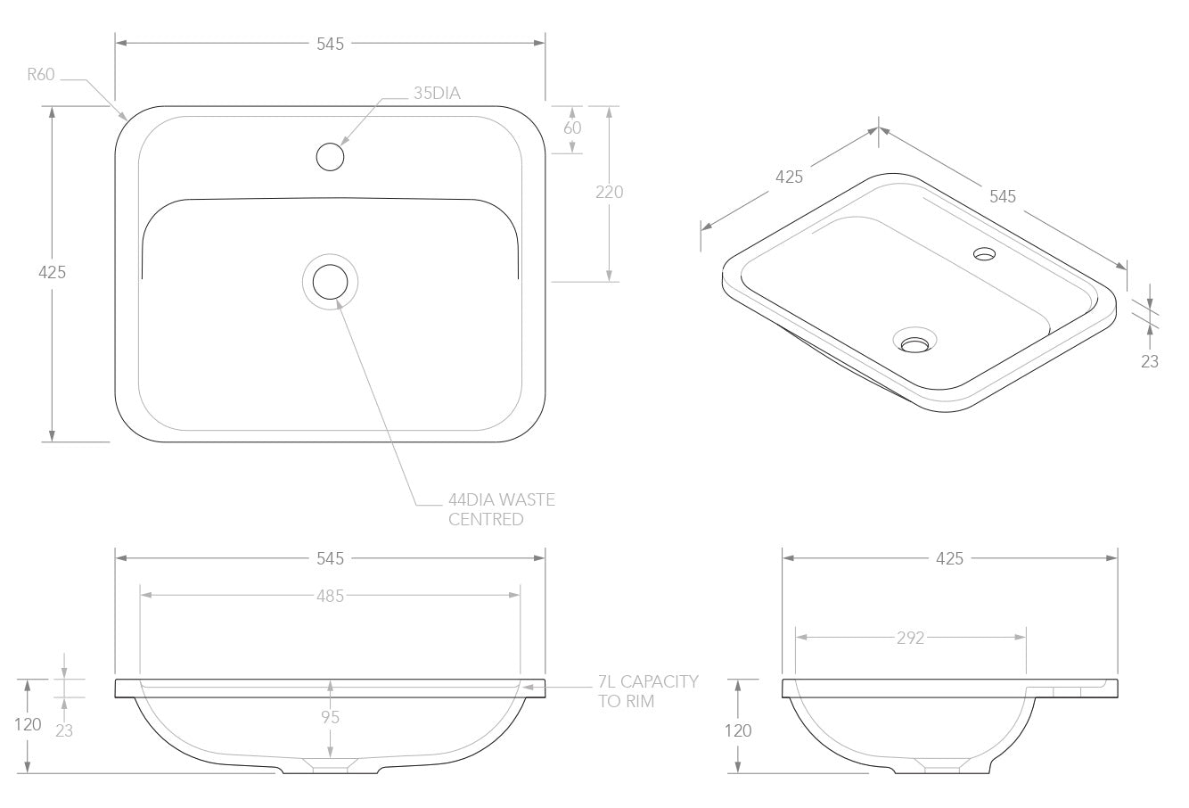 ADP Strength Matte  White Solid Surface Under Counter Basin 545x425
