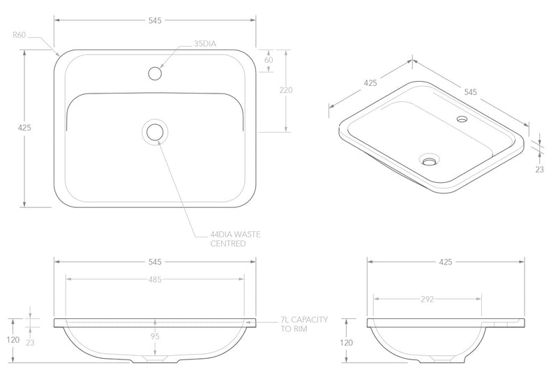 ADP Strength Matte  White Solid Surface Under Counter Basin 545x425