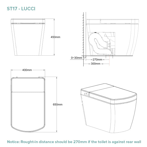 Lafeme Lucci Rimless Wall Faced Smart Toilet