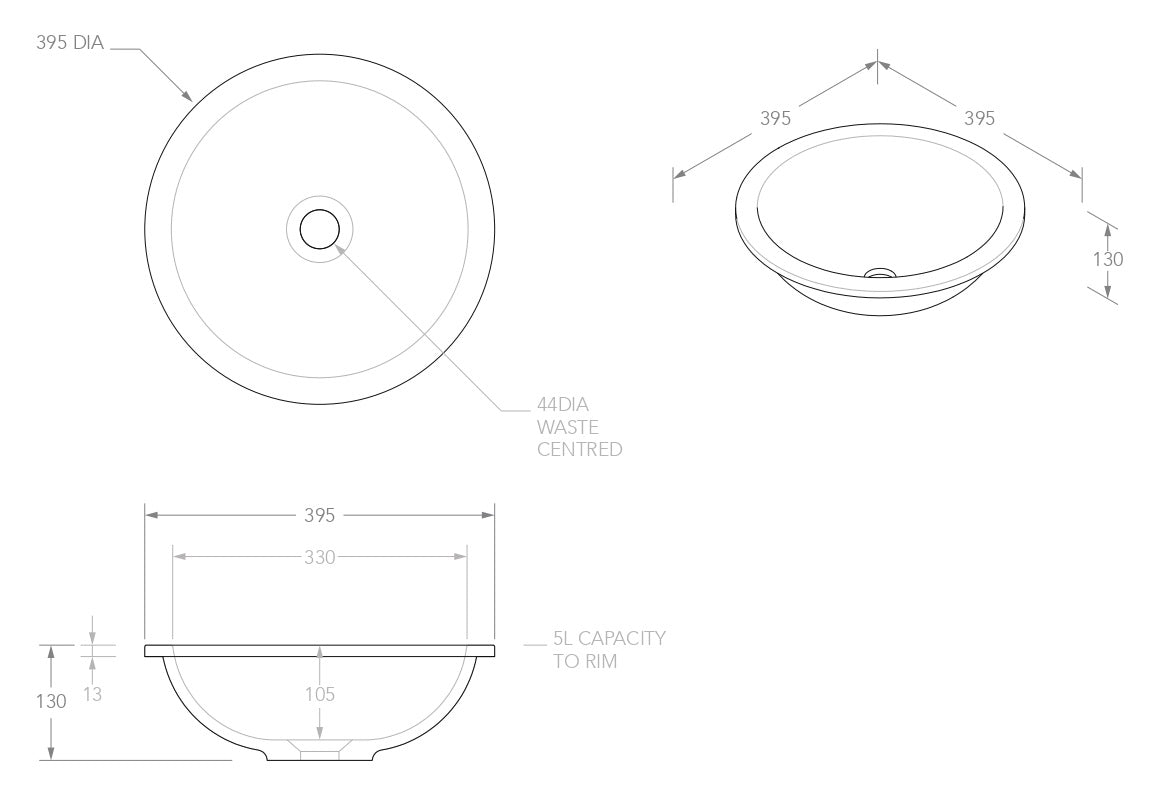 ADP Unity Gloss or Matte White  Solid Surface Inset Basin 395x395