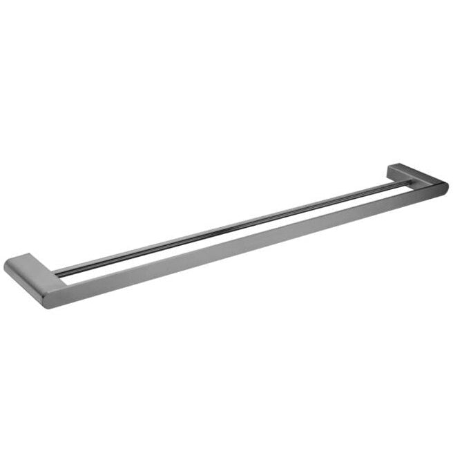 A gun metal double towel rail with a sleek, contemporary design, isolated on a white background.