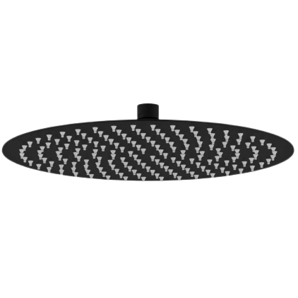 A matte black shower head with a circular shape and multiple nozzles for water output.