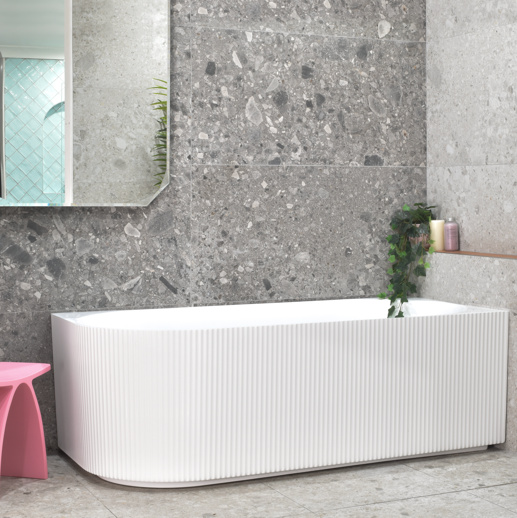 Fluted  Acrylic 500mm Right  hand Corner Bath Gloss White 