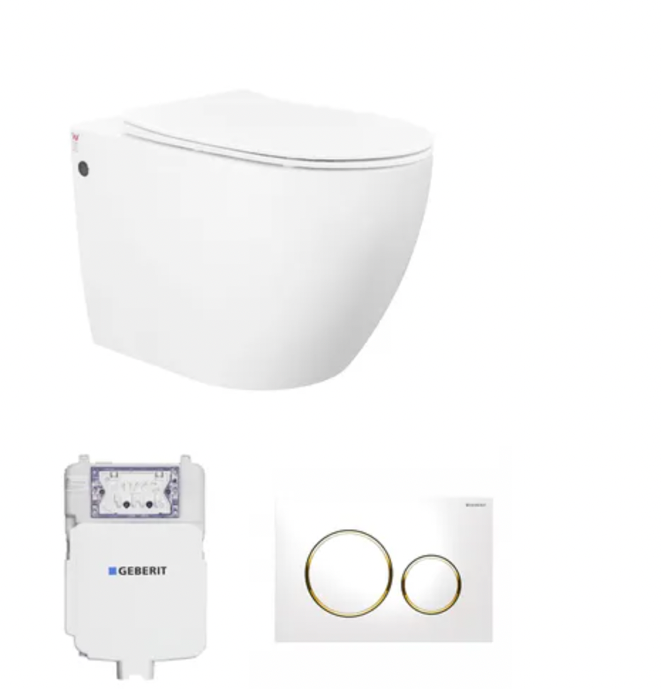 A white floor-mounted toilet pan with an inwall cistern set from Geberit, including a concealed cistern and flush buttons.