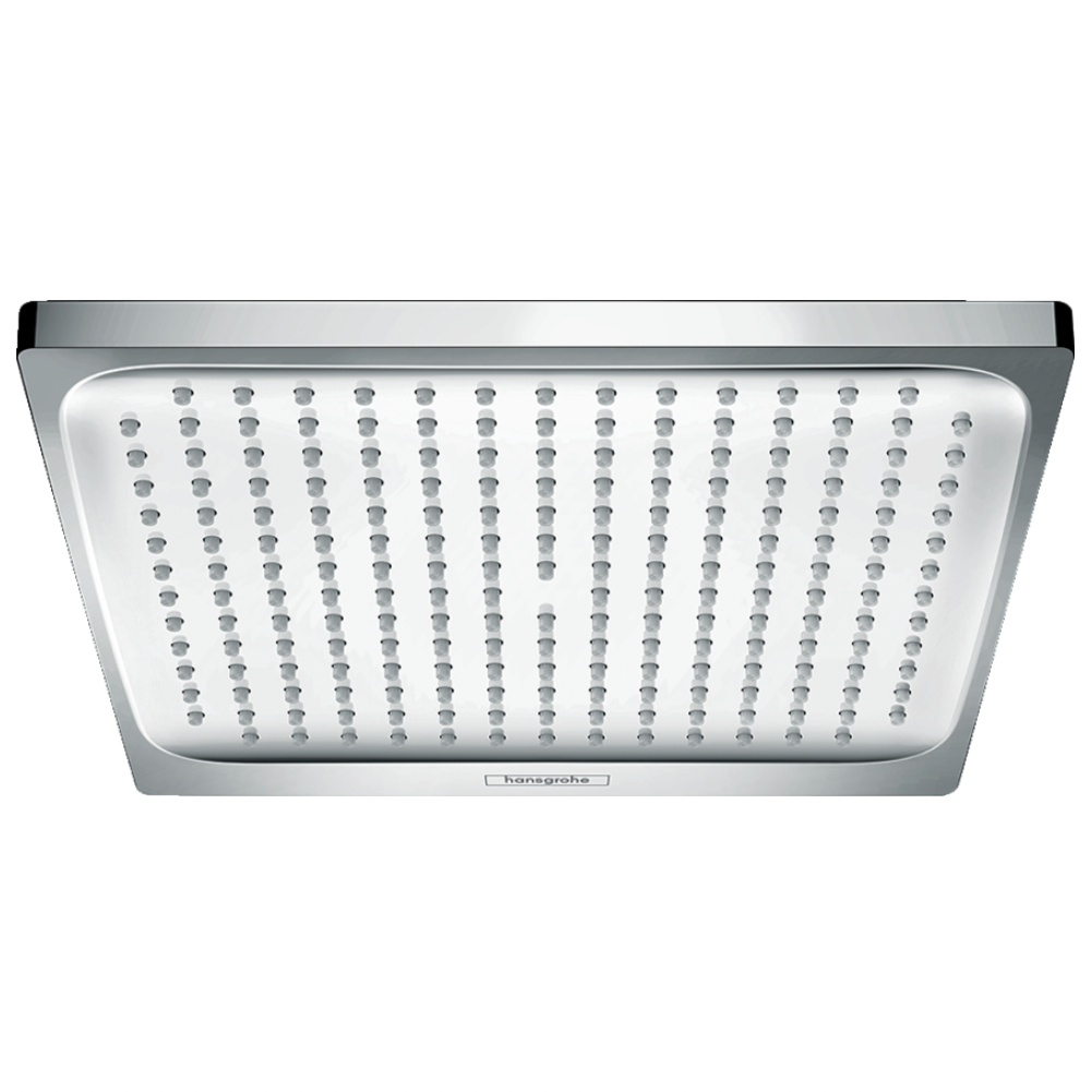 A silver overhead shower head with a square shape and multiple nozzles.