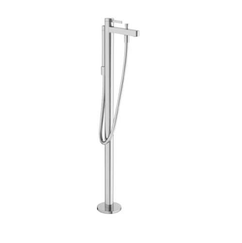 A chrome freestanding bath filler with a single lever and a round base, from the Hansgrohe Finoris series.