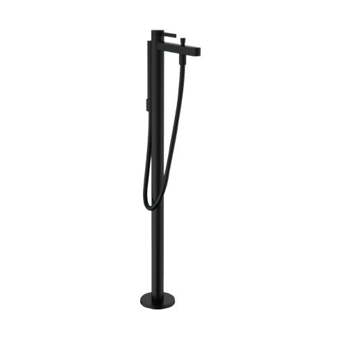 A matte  black freestanding bath filler with a single lever and a round base, from the Hansgrohe Finoris series.