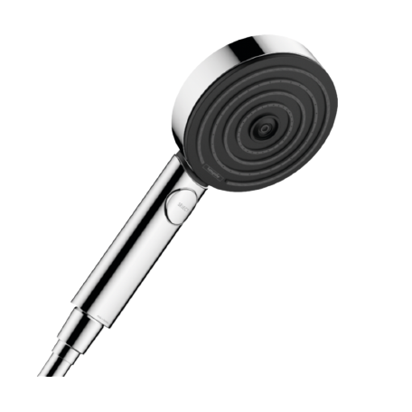 A hansgrohe pulsify select s 105 3 jet relaxation hand held shower head in chrome color.