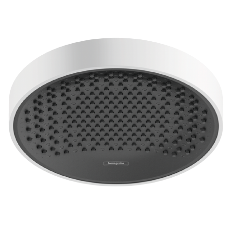 A matte white Hansgrohe Rainfinity 250 jet overhead shower head with a visible brand marking.