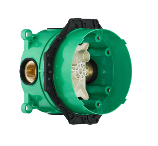A green and black Hansgrohe wall bath mixer iBox inwall body.