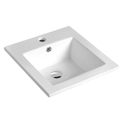 A square-shaped, white inset basin with two tap holes, and overflow 